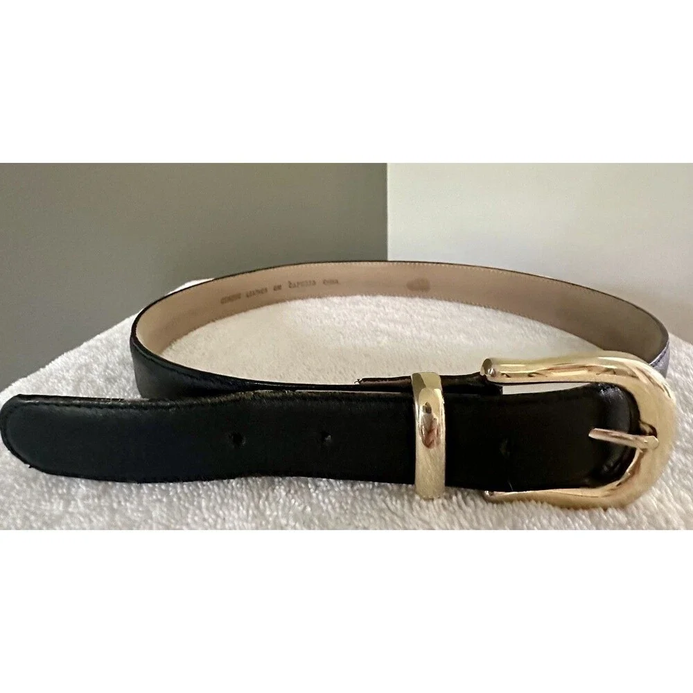 Capezio Black Leather Belt Size S/M 35” With Large Gold Buckle Vintage Y2K